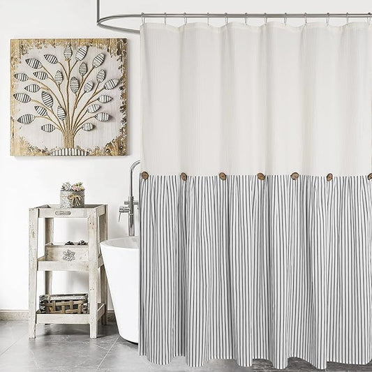 Farmhouse Shower Curtain, Beige and Black Striped, Button Curtain, Spa Waffle and Cotton Woven Fabric, Rustic Charm Country Chic Style, 72x78 in