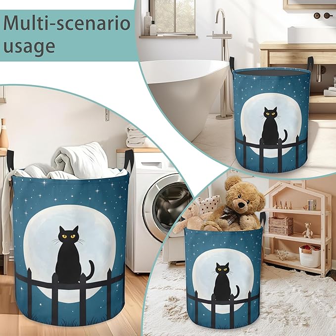 Laundry Basket With Handle, Dirty Clothes Laundry Hamper, Oxford Cloth Bin Storage Organizer for Toy Collection (Starry Night Cat)