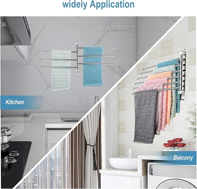 6 - Arm Stainless Steel Swivel Towel Rack with Hook: Wall - Mounted, Rustproof Space - Saver for Bathroom & Kitchen - 180° Rotation, 14kg Capacity