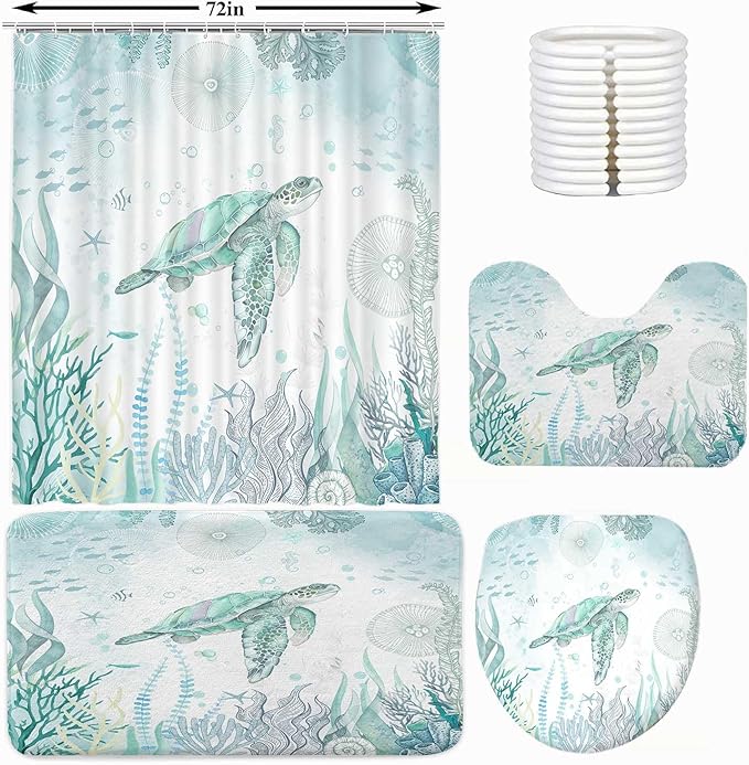 4 Pcs Sea Turtle Shower Curtain Set, Blue Teal Ocean Bathroom Rug Sets, Nautical Coastal Summer Animal Kids Fabric Shower Curtain and Non-Slip Rugs Toilet Lid Cover Bath Mat Decor with Hooks (Teal)