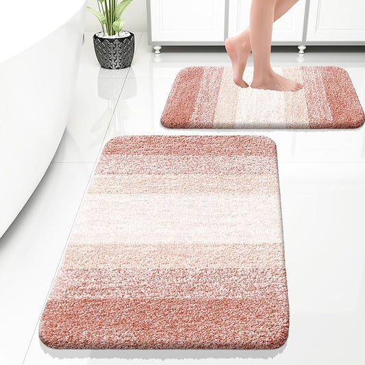 OLANLY Bathroom Rug Set 2 Piece, Soft Absorbent Microfiber Bath Rug Set, Non-Slip, Machine Wash Dry, Plush Shaggy Bath Mats for Bathroom (30"x20"+24"x16", Peach)