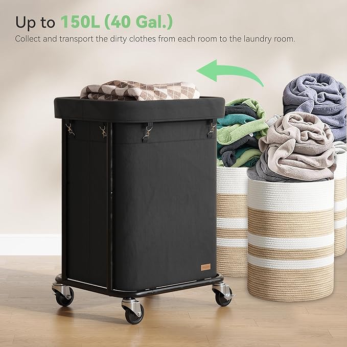 Nunsino Laundry Basket with Wheels 150L/40Gal, Rolling Laundry Hamper with Steel Fram and Removable Washing Bag,Laundry Sorter Cart for Laundry Room,Hotel,Dorm,Black