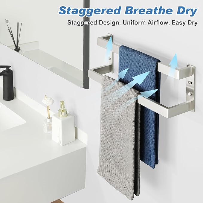 Alise Double Towel Bar, 16" Towel Racks for Bathroom Wall Mounted, SUS304 Stainless Steel Bathroom Towel Holder, Modern Quick Drying Towel Hanger, Brushed Nickel