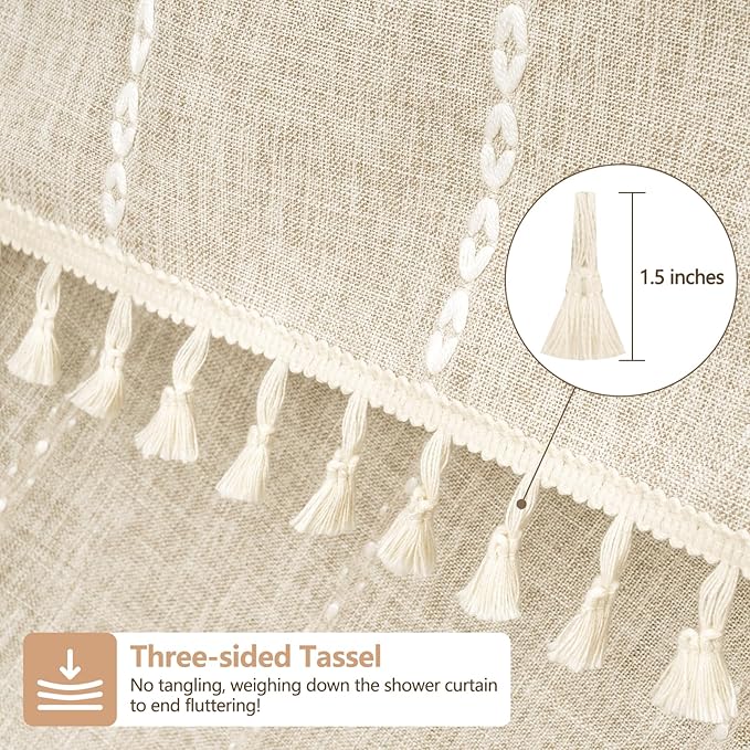 Boho Farmhouse Shower Curtain Heavyweight Extra Long 72 x 90 Inch, Beige Linen Textured Soft Fabric Shower Curtain with Tassels, Cream Striped Bathroom Décor Curtain Water Repellent