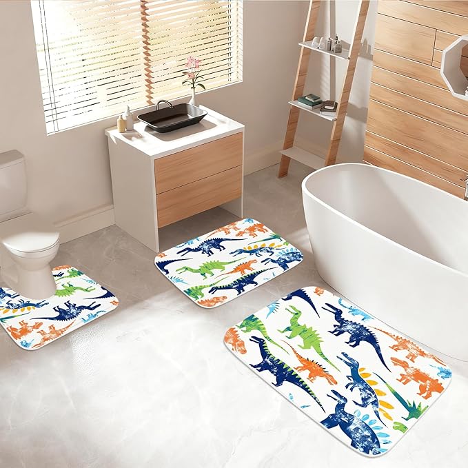 Colorful Cartoon Jurassic Dinosaur Bathroom Rugs Bath Mats Sets 3 Piece, Imitation Cashmere Kids Dino Bath Mat, Memory Foam U-Shaped Contour Shower Mat Non Slip Absorbent, Velvet Washable 20 x 31 inch