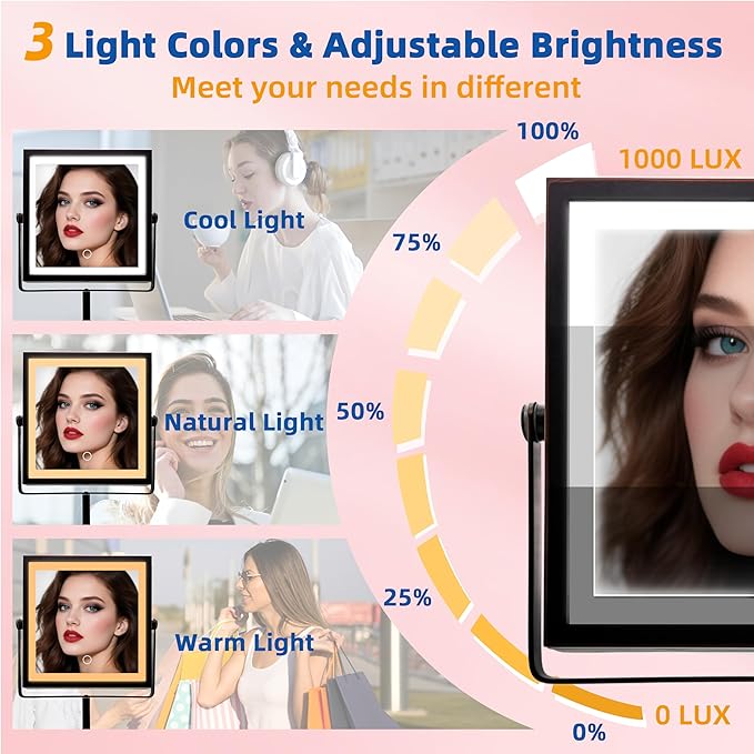 Ruacq Makeup Mirror with Lights, 4000mAh Rechargeable Magnifying Mirror with Light, 1X/10X, Height Adjustable Bathroom Vanity Mirror, 3 Colors, Adjustable Brightness (Oil Rubbed Bronze)