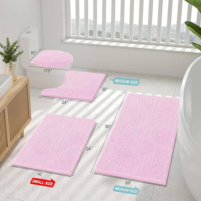 Smiry Luxury Chenille Bathroom Rugs 24x16, Extra Soft and Absorbent Shaggy Bath Mat, Machine Washable, Non-Slip Plush Carpet Runner for Tub, Shower, and Floor, Home Decor Accessories, Pink