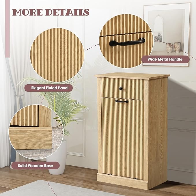 36" H Tilt Out Laundry Hamper Cabinet, Modern Fluted Trash Can Cabinets with Drawer, Wooden Hidden Garbage Cabinet for Kitchen and Bathroom (Natural Oak, Single)