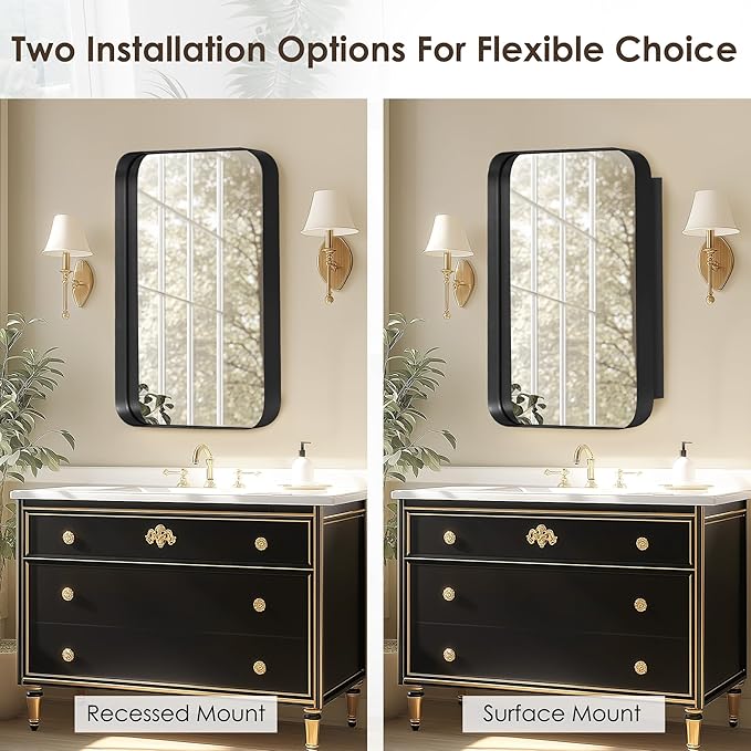 DlandHome Bathroom Medicine Cabinet with Mirror, 24”x16” Recessed Medicine Cabinet for Bathroom with Beveled Edge Mirror, Wall Mounted Deep Set Alumiunm Frame,Black