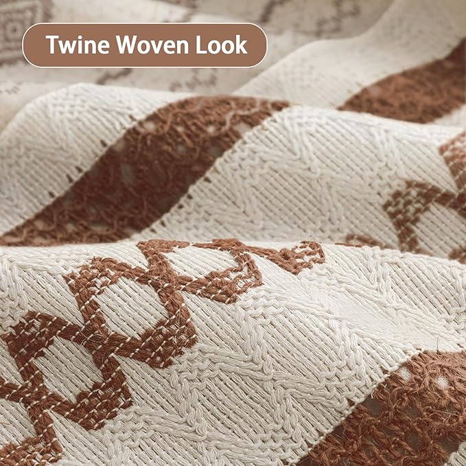 Boho Linen Shower Curtain for Bathroom,Brown Striped Print and Twine-Inspired Woven Center,72" W x 72" L