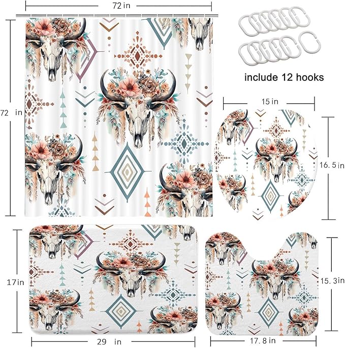 4 Pcs Western Bull Skull Shower Curtain Set, Retro Cow Longhorn Skull Flower Head Bathroom Rug Sets, Boho Farmhouse Shower Curtain and Non-Slip Rugs Toilet Lid Cover Bath Mat Decor with Hooks