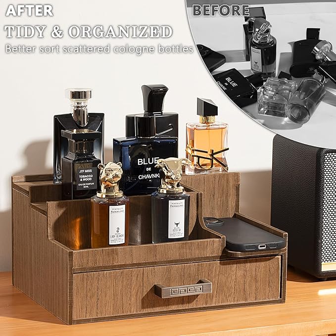 Cologne Organizer for Men, 3 Tier Perfume Display Stand with Drawer and Hidden Compartments, Stylish Wooden Mens Cologne Holder for Dresser Storage, Great Gift for Men/Fathers, Brown