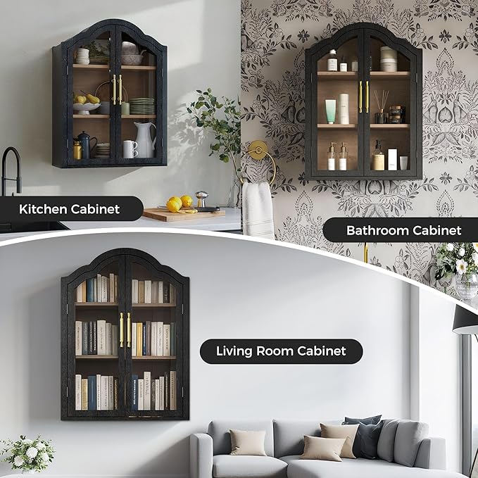 Furnaza Black Arched Wall Mounted Cabinet, Display Medicine Cabinets with Tempered Glass Doors and Adjustable Shelf for Bathroom,Kitchen,Living Room