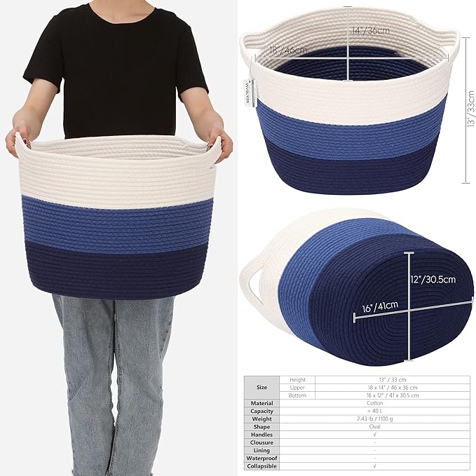 Sea Team Oval Large Cotton Rope Woven Storage Basket with Handles, Diaper Caddy, Baby Shower Basket, Nursery Nappies, Clothes Toys Organizer for Kid's Room, 16 x 13 inches, White & Navy