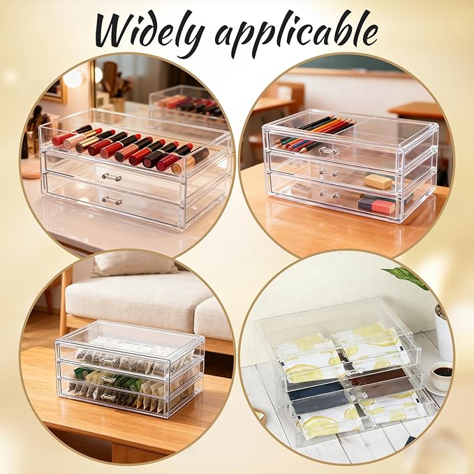 Acrylic Makeup Organizers, 9.3 X 5.3 X 4 Inch Stackable Makeup Organizer Acrylic 3 Drawer Storage Organizers Clear Stationery Organizer for Dresser, Bathroom, Vanity, Countertop