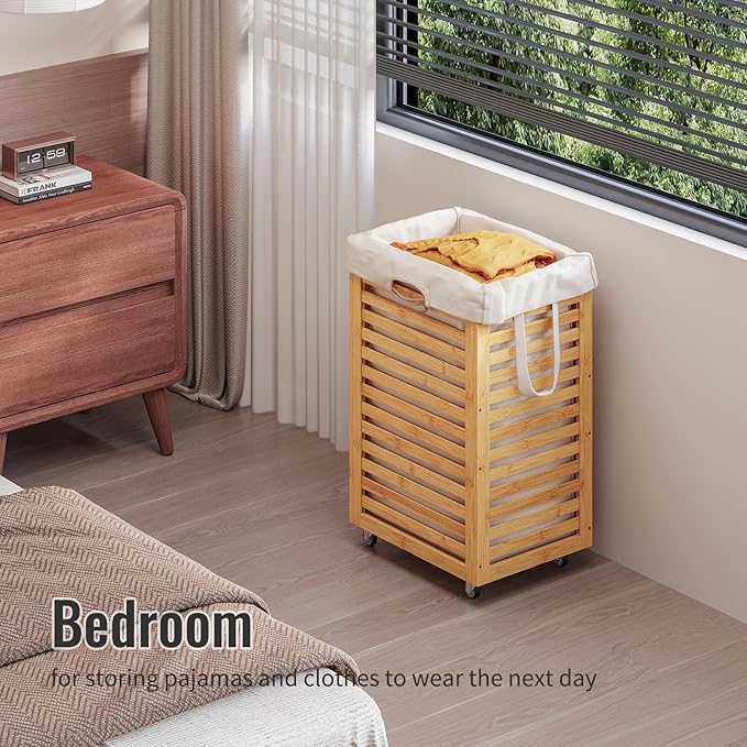 Laundry Hamper with Wheels,Rolling Laundry Basket with Removable Bag,Bamboo Clothes Hampers with Handles for Clothing, Bathroom, Bedroom, Laundry Room (Natural)