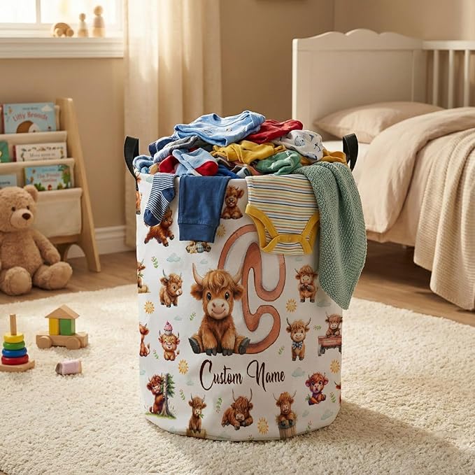Personalized Highland Cow Laundry Baskets,Custom Cow Gifts, Customized Laundry Hamper for Kids Boys Girls Adults Room,Collapsible Clothes Storage Organizer,16.5 X 13.8in