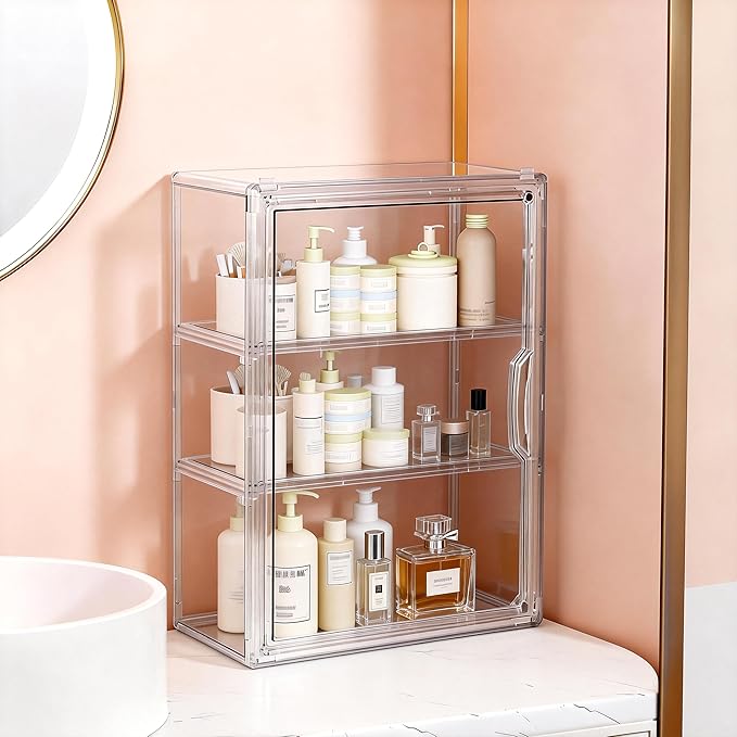 Wall Mount Adhesive Medicine Cabinet,Waterproof Small Bathroom Wall Cabinet with Detachable Partitions,Self Adhesive Farmhouse Storage Cabinet for Smooth Wall Surface and Countertop - Clear