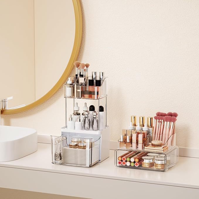 Bathroom Counter Organizer Clear - 2Pcs Stackable Makeup Countertop Organizer for Vanity - Multi-Purpose Skin Care Lipstick Cosmetic Organizer