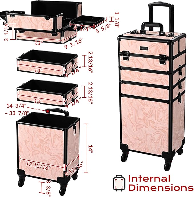BYOOTIQUE Rolling Makeup Train Case Trolley w/Cube Case Cosmetic Organizer Pink