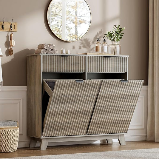 Double Tilt Out Laundry Hamper Cabinet, 20 Gallon Wooden Trash Can Cabinet with Storage Drawers, Hidden Fluted Garbage Can Holder for Kitchen, Living Room (Wood Grey, 39.34"W x 35.83"H x 13"D)