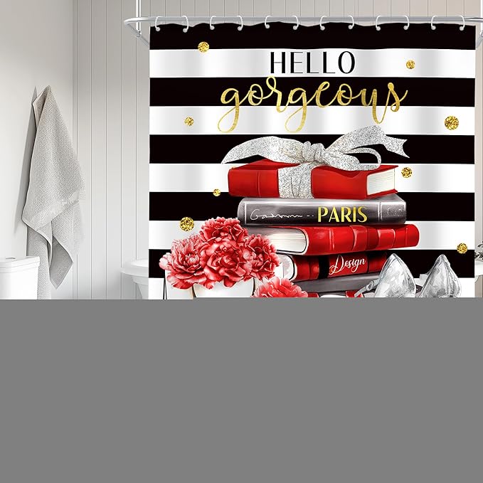 Cinbloo 4Pcs Black Red Burgundy Shower Curtain Set, Fashion Flower Perfume Women Girly Modern Bathroom Curtain with Rug, Toilet Lid Cover, Bath Mat, High Heels Magazine Shower Curtain with 12 Hooks
