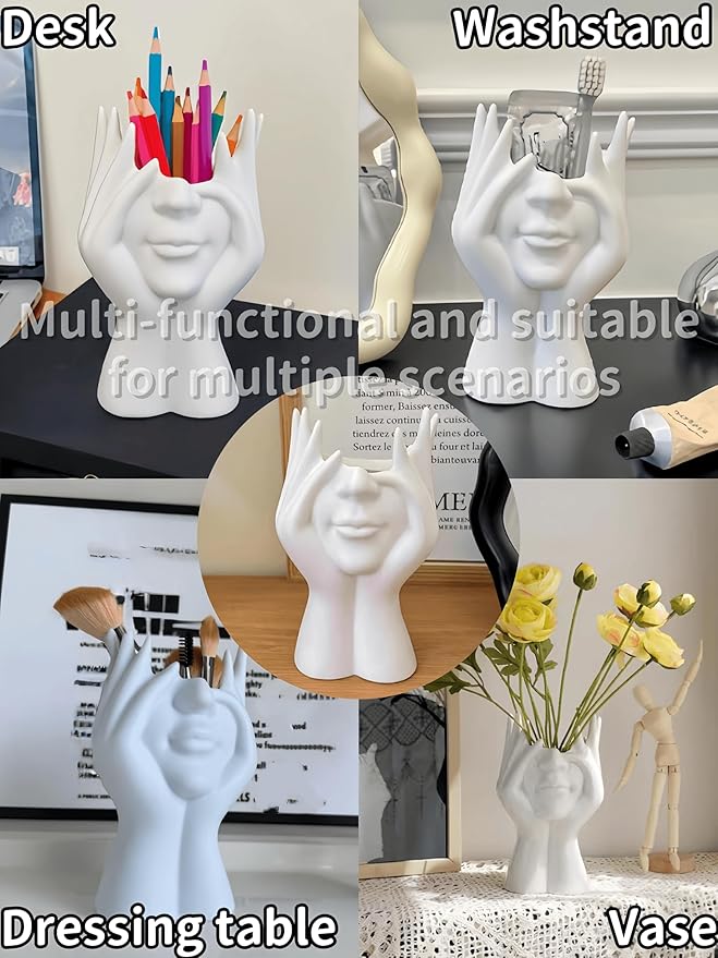 Make Up Brush Holder Organizer Face-Shaped Pen Holder Vase Organizer Abstract Art Face Hand Design Travel Cosmetic Holder | Makeup Organizer For Brushes (golden)