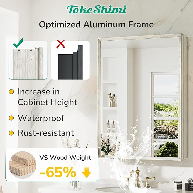 TokeShimi 40 x 26 Brushed Nickel Recessed Medicine Cabinet with Mirror, Assembly Required, Bathroom Medicine Cabinet with Mirror, Stepless Adjustable Shelves, Beveled Aluminum Frame, DTC Hinge
