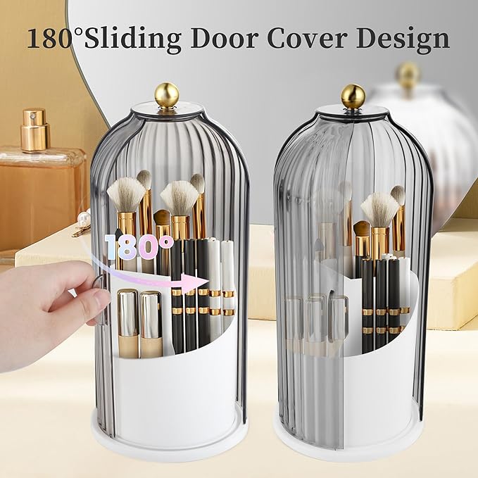 Makeup Brush Holder Organizer, 360 Rotating Makeup Brush Holder, Dustproof Waterproof Material & with 3 Compartments for Organized Storage, Dressing Tables Clear Storage Skincare Cosmetic (Grey)
