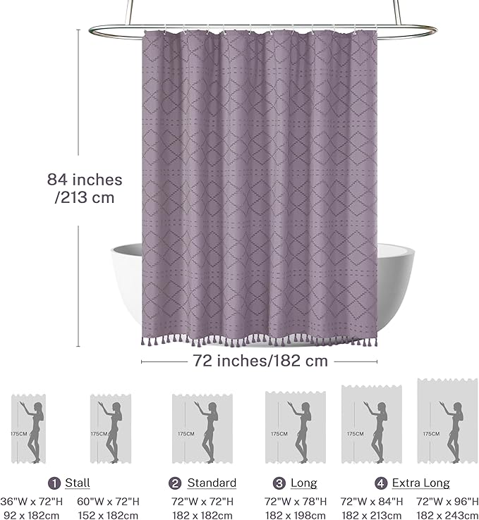 Extra Long Purple Boho Shower Curtain Woven Fabric Cute 84 Inch Shower Curtain, 72 x 84 Tufted Chevron Textured Striped Modern Farmhouse Minimalist Cloth Shower Curtain for Bathroom