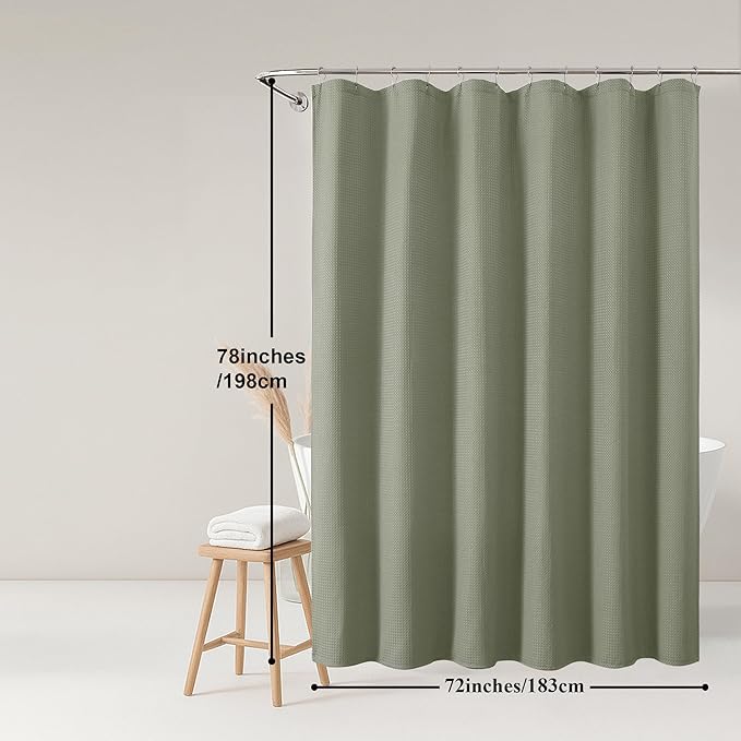 OWENIE Sage Green Waffle Weave Fabric Shower Curtain, Textured Heavy Cloth Shower Curtains for Bathroom, Water Repellent Soft Hotel Spa Luxury Elegant Bath Curtain, Machine Washable, 72x78 Inch