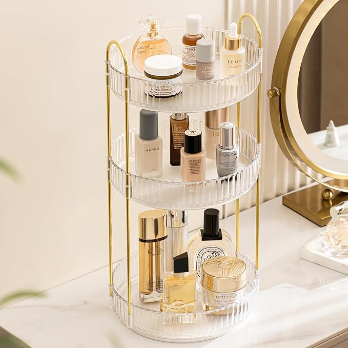 3-Tier Rotating Makeup Organizer, 360° Spinning Cosmetic Storage, 18.5" Height Clear Vanity Display with Gold Metal Frame