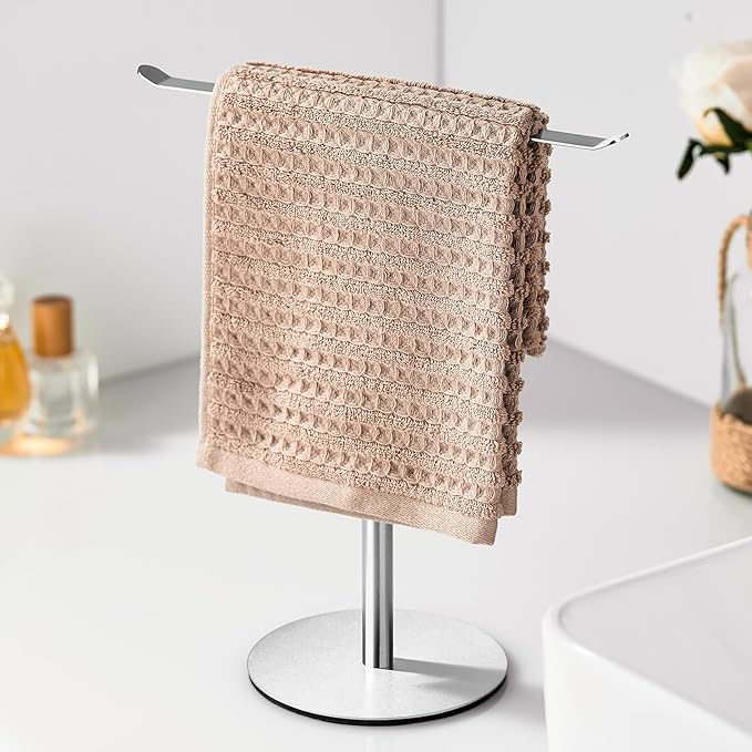 Silver Hand Towel Holder Stand ?€? Countertop T-Shaped Stainless Steel Towel Rack with Non-Slip Base for Vanity and Kitchen