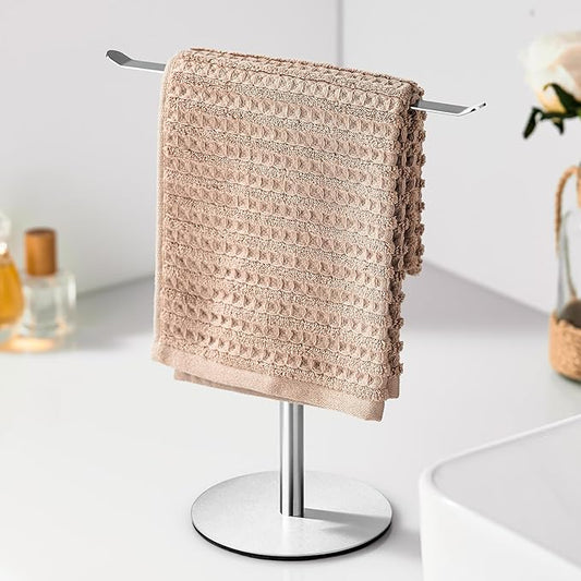 Silver Hand Towel Holder Stand – Countertop T-Shaped Stainless Steel Towel Rack with Non-Slip Base for Vanity and Kitchen