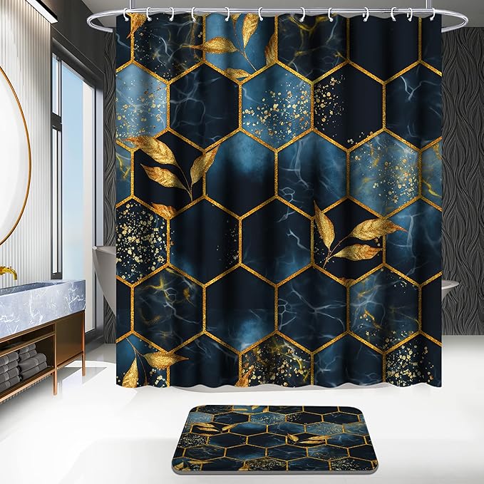 Poedist 4 Pcs Bathroom Shower Curtain Set,Bathroom Sets with Rugs(Bath Mat,U Shape and Toilet Lid Cover Mat) and 12 Hooks,Black and Blue Honeycomb Marble