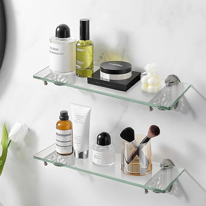 khtumeware 24 Inches Glass Shelves for Bathroom, Antique Silver Floating Glass Shelf Zinc Tempered Glass Bathroom Shelves for Wall Mount Modern