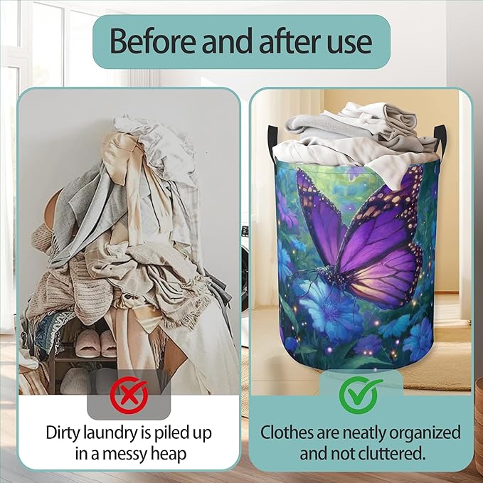 Laundry Hamper Foldable Oxford Cloth Purple Butterfly Flower Laundry Basket With Handle Portable Clothes Storage Organizer Basket Storage Bag For Laundry Room/Bedroom/Bathroom