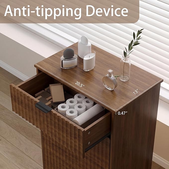 Wodeer Tilt Out Laundry Hamper Cabinet with Storage and Drawer, 10 Gallon Fluted Hidden Trash Can Cabinet, Farmhouse Wood Laundry Basket for Bathroom, Kitchen, Walnut, 20.47" W x 12.99" D x 35.82" H