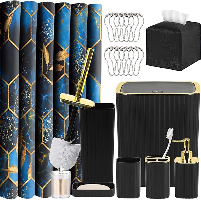Bathroom Accessories Set - 21PCS Black Bathroom Set with Blue Shower Curtain, Rugs, Trash Can, Soap Dispenser, Soap Dish, Toilet Brush, Toothbrush Holder, Tumbler Cup, Tissue Box, Q-tip Holders