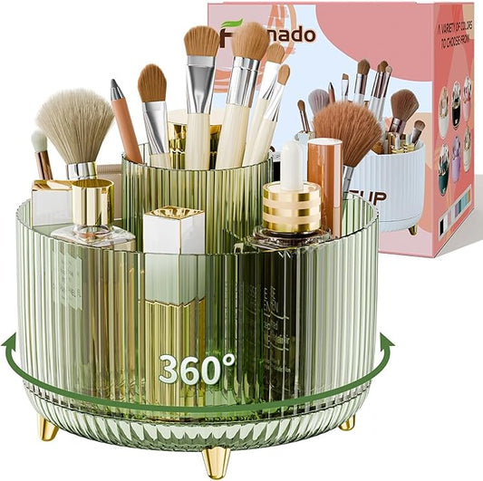 Clear Rotating Makeup Organizer Countertop for Vanity, 360?? Makeup Brush Holder Organizer with 5 Compartments, Transparent Cosmetic Storage for Lipstick, Skincare, Bathroom Counter(Transparent Green)