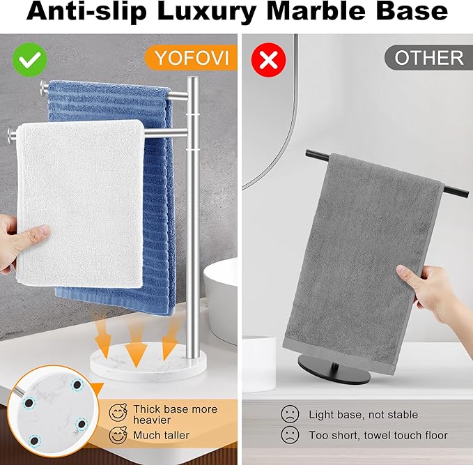 Hand Towel Holder for Bathroom, Stainless Steel Double Hand Towel Holder Stand with Marble Base for Kitchen Countertop, Freestanding Brushed Nickel 360?? Swivel 2 Arms Towel Bar Drying Rack, YOFOVI