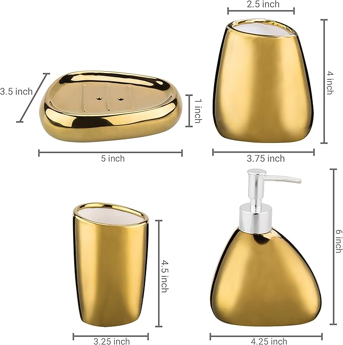 MyGift 4 Pcs Gold Bathroom Accessories Set with Toothbrush Holder, Soap Dispenser, Tumbler and Soap Dish, Bathroom Organizer Accessory for Modern Home Decor, Complete Ceramic
