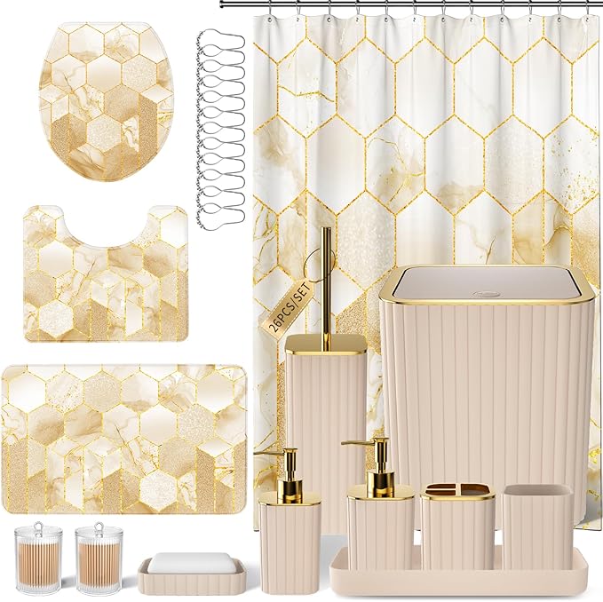 XLHOMO Bathroom Set - 26PC Bathroom Set with Shower Curtain and Rugs, Bathroom Accessory Set, Beige Bathroom Accessories Set, Trash Can & Soap Dispenser