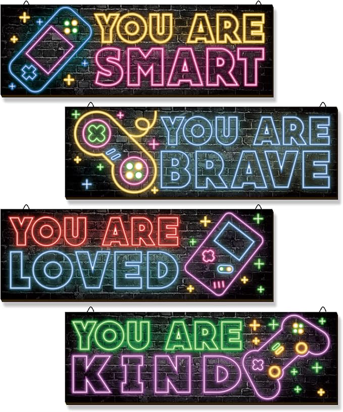 YLOLUL 4 Pieces Neon Gaming Decor for Boys Room Wooden Video Game Wall Art Print 15.7 X 5.1 Inch Motivational Quote Gamer Hanging Plaques Wall Decor for Boys Kids Room Bedroom Playroom Decorations
