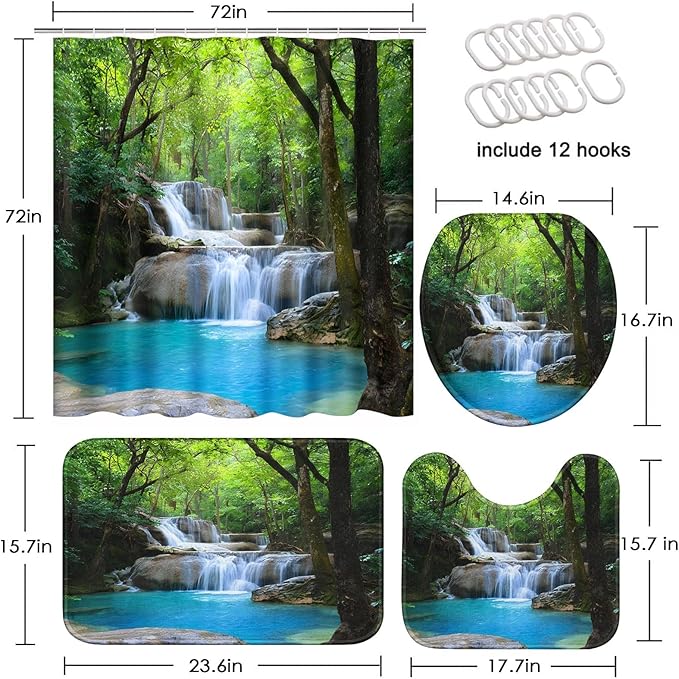 Britimes 4 Piece Shower Curtain Sets, Scenery Waterfall with Non-Slip Rugs, Toilet Lid Cover and Bath Mat, for Bathroom Decor Set, 72" x 72"