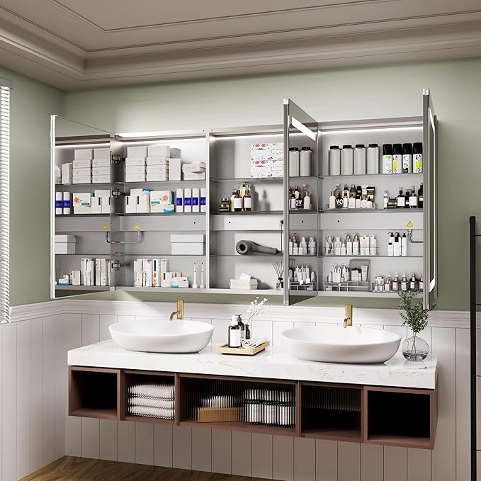 LED Medicine Cabinet Mirror, 48x30 Inch Bathroom Storage, Recessed/Wall Mount, Plug-in/Hardwired, 3 Color Dimmable Light, Anti-Fog, Time Temp Display