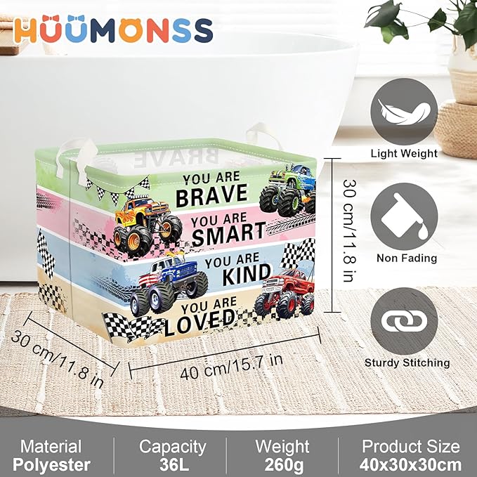 Cars Laundry Hamper Cartoon Vehicle Large Storage Basket Collapsible Parents Organizer Boy Toy Clothes Bins for Bedroom, Bathroom, Monster Truck, 36L