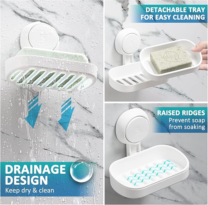 TAILI Soap Holder Soap Dish for Shower, Suction Cup Soap Holder for Shower Wall, Bathroom Accessories, Removable Strong Hold Soap Saver, Drill Free Double Soap Dish, White 2 Set