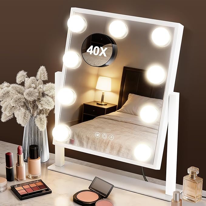 Magnifying Makeup Mirror Hollywood Vanity Mirror with Lights, 3 colors light, Smart Touch Control, brightness adjustable, 360°Rotation with Detachable 40X Small Magnification Mirror (14“L x 12“W)
