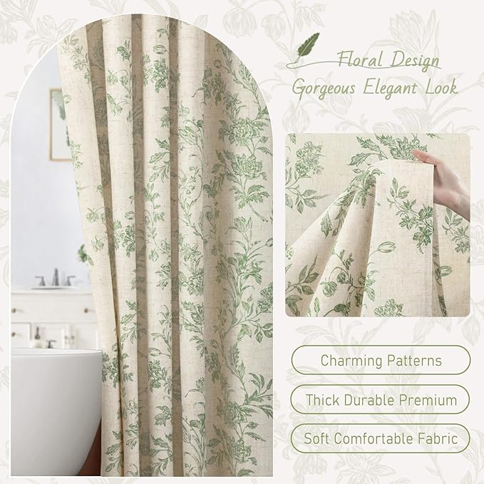 Sage Green Floral Shower Curtain,Vintage Linen Beige Cottagecore Shower Curtains for Bathroom, 60" W x 72" L